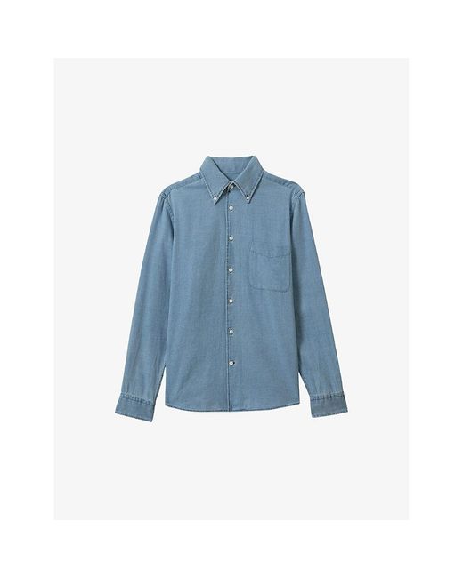 Reiss Blue Washed Minoa Patch-Pocket Relaxed-Fit Denim Shirt for men