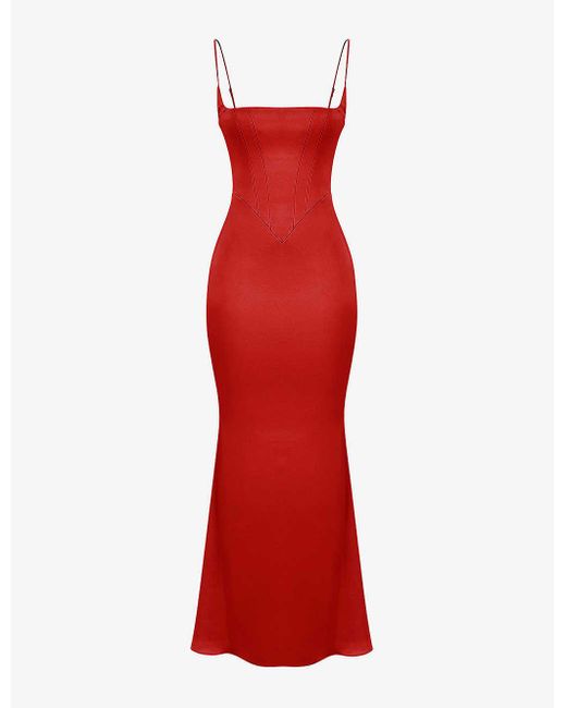House Of Cb Red Olivette Corset Satin Maxi Dress