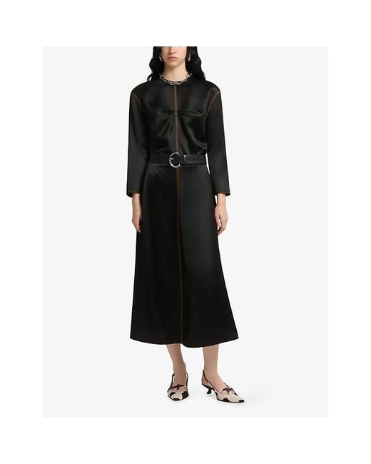Marni Black Contrast-Stitch Satin Midi Dress