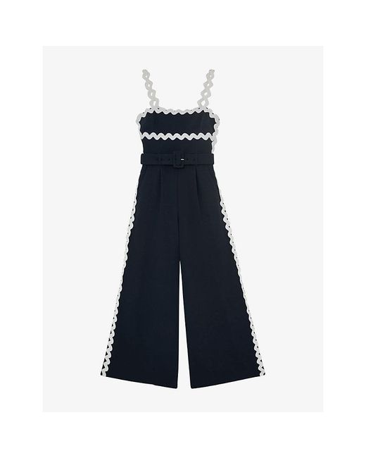 Reiss Blue Dash Waved-Trim Woven Jumpsuit