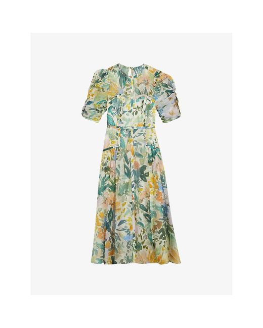 Ted Baker Green Mincia Floral-print Puff-sleeve Woven Midi Dress