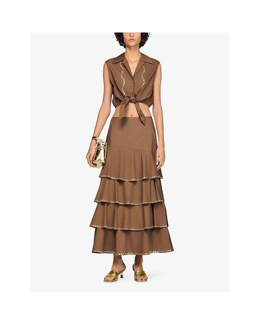 Sandro Brown Rhinestone-Embellished Tie-Waist Cotton Shirt