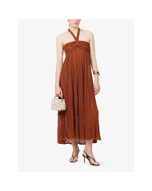 Zimmermann Red Indra Halterneck Metallic-Knit Maxi Dress