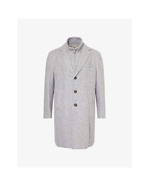 Eleventy Gray Bib Notched-Collar Cashmere-Silk Blend Overcoat for men