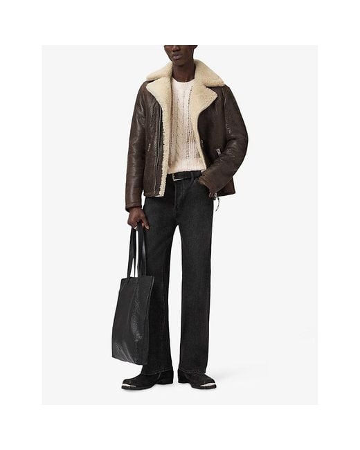 AllSaints Brown Xylon Leather Biker Jacket for men