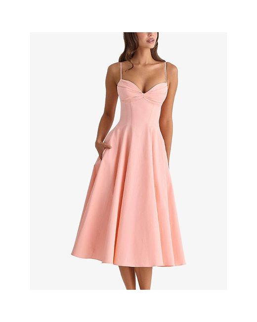 House Of Cb Pink Dahlia Sweetheart-Neck Stretch-Cotton Midi Sundress Xs (A-C Cup)