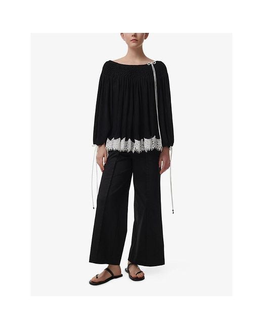 eem Black Smock-Neck Lace-Hem Woven Top