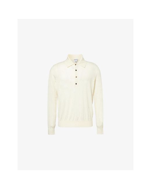 Bottega Veneta White Logo-Embroidered Long-Sleeve Fine-Cashmere Polo Shirt for men