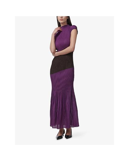 eem Purple Contrast-Panel Pleated Woven Maxi Dress