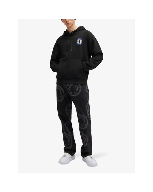 HUGO Black Graphic-Print Relaxed-Fit Cotton-Jersey Hoody for men