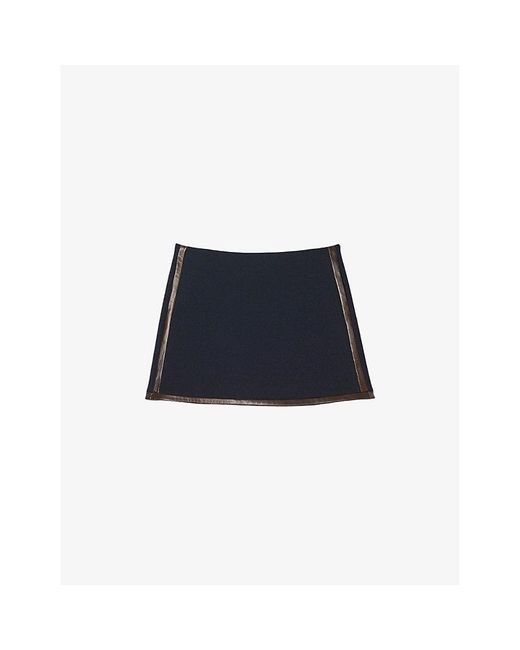 Sandro Blue Leather-Trim High-Waist Stretch-Woven Mini Skirt