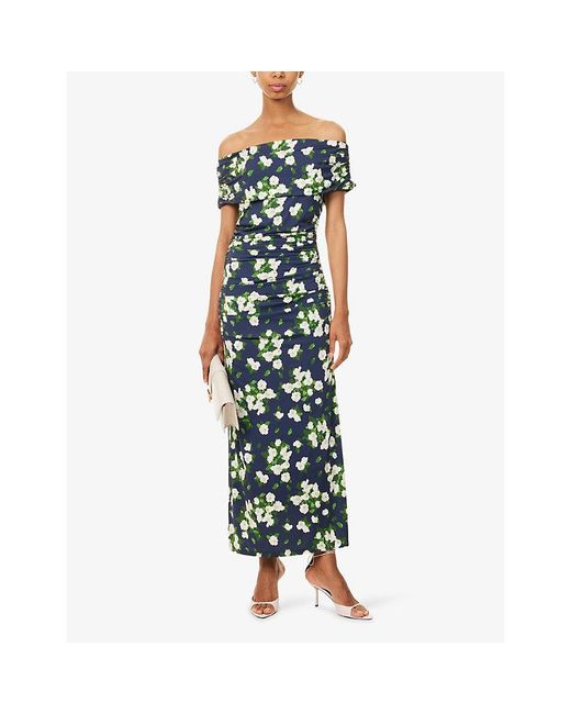 Carolina Herrera Blue Floral-Print Off-Shoulder Jersey Midi Dress
