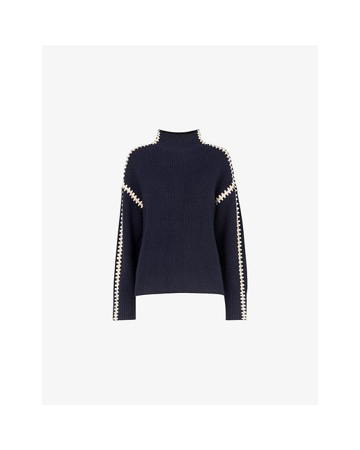 Whistles Blue Blanket-Stitch Wool-Blend Jumper