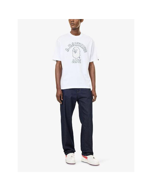 A Bathing Ape White Hand Drawn Logo-Print College Cotton T-Shirt for men