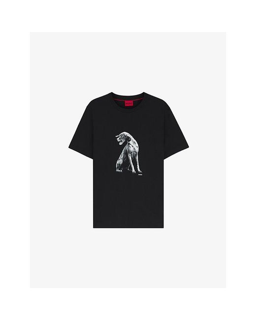 HUGO Black Dog-Print Short-Sleeved Cotton-Jersey T-Shirt for men