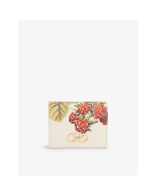Ferragamo White Gancini-buckle Berry-print Leather Wallet