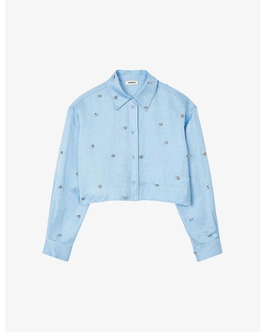 Sandro Blue Rhinestone-embellished Cropped Satin Shirt