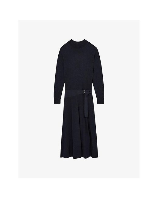 Reiss Blue Alina Belted Compact-Knit Midi Dress