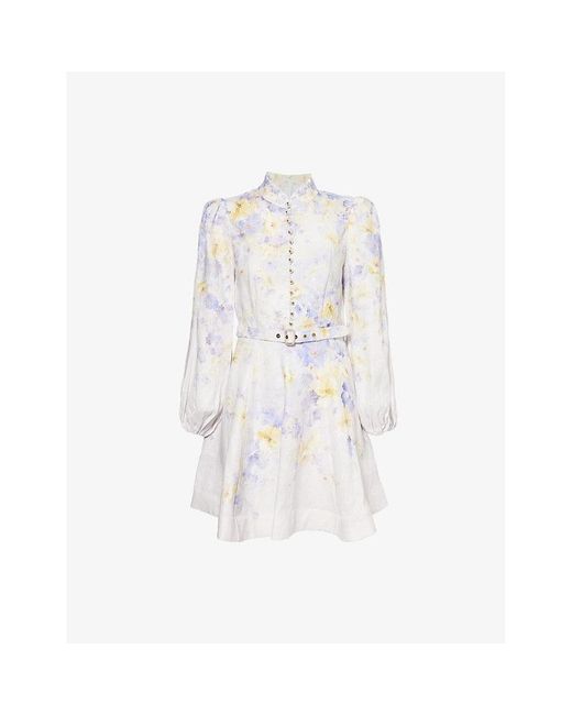 Zimmermann White Crush Floral-Pattern Buttoned Linen Mini Dress