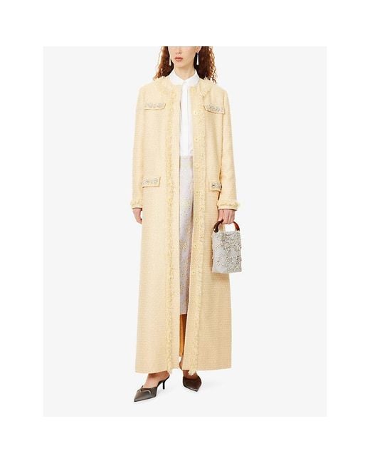 Huishan Zhang Natural Betula Jewel-Embellished Long Tweed Coat