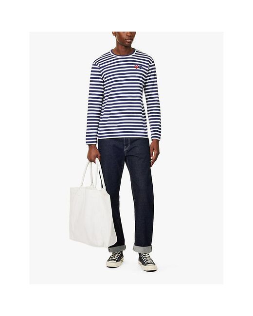 COMME DES GARÇONS PLAY Blue Double Heart Stripe Long-Sleeve Regular-Fit Cotton-Jersey T-Shirt for men