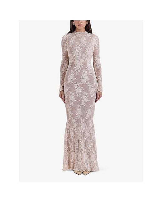House Of Cb Pink Isoline Long-Sleeved Lace Maxi Dress