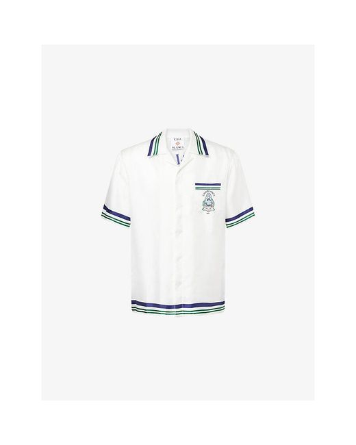 Casablanca White Hotel Collar Short-Sleeve Silk Shirt for men