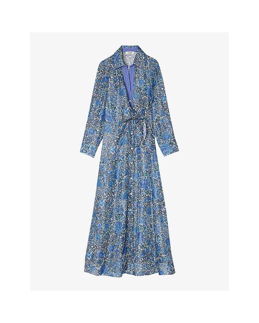 Sandro Blue Floral-print Side-tie Woven Midi Dress