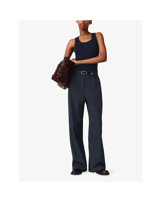 Maje Blue Logo-Embroidered Ribbed Stretch-Cotton Tank Top