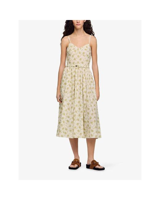 Sandro Natural Strappy Floral-Print Cotton Midi Dress