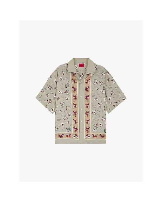 HUGO Multicolor Horse-Print Oversized-Fit Woven Shirt for men