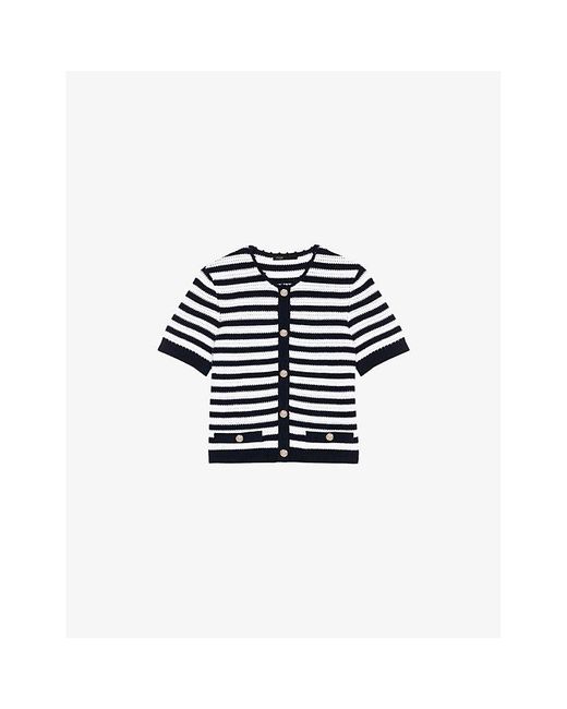 Maje Blue Round-Neck Striped Cropped Crochet Cardigan