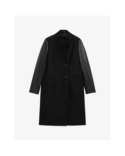 AllSaints Sidney Leathersleeve Wool And Cashmereblend Coat in Black
