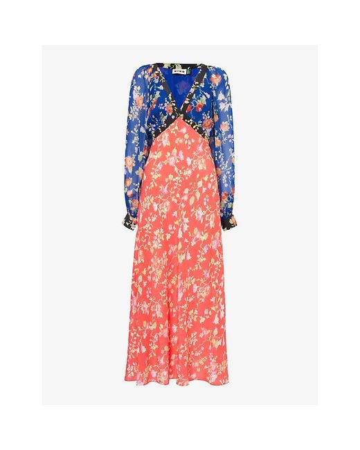 Rixo Blue Ayla Floral-print Silk Midi Dress