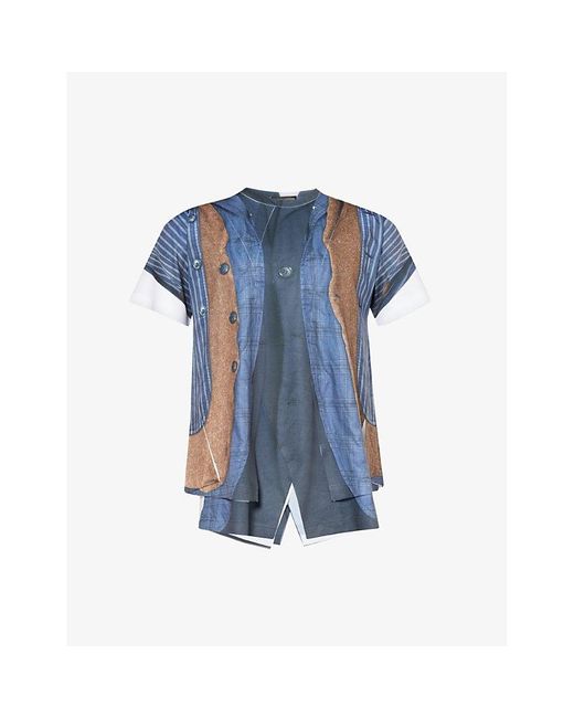 Comme des Garçons Blue Layered-print Short-sleeved Woven T-shirt for men