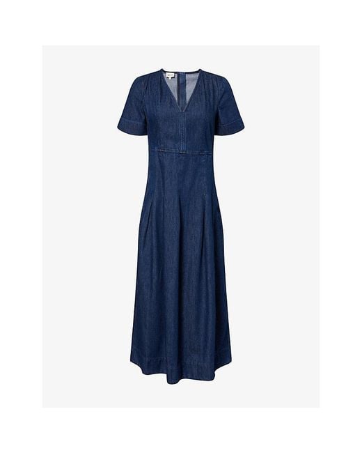 ME+EM Blue V-Neck Flared Denim Maxi Dress