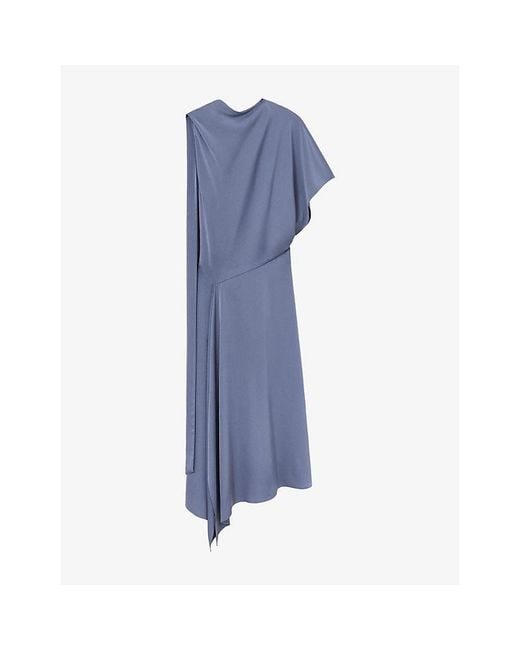 Reiss Blue Naomi Draped One-Shoulder Satin Midi Dress