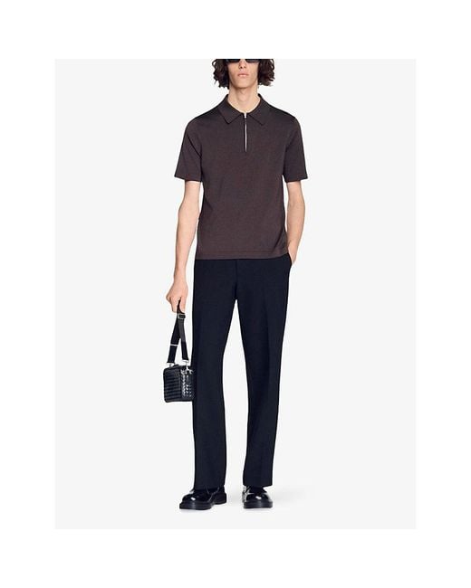 Sandro Brown Zipped Stretch-Woven Polo Shirt for men