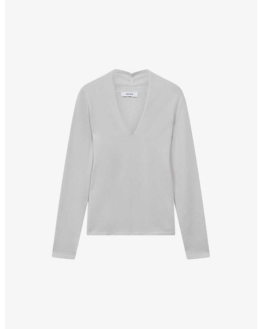 Reiss White Lina Ruched-neck Woven-blend Top