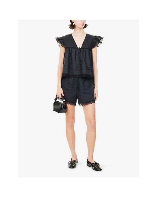 Ganni Black Lace Hem Linen Shorts