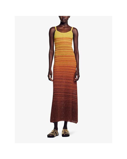 Sandro Brown Zig-zag Weave Knitted Maxi Dress