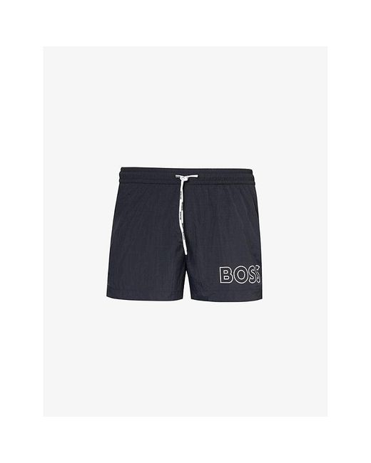 Boss Blue Logo-print Regular-fit Recycled-polyester Swim Shorts for men