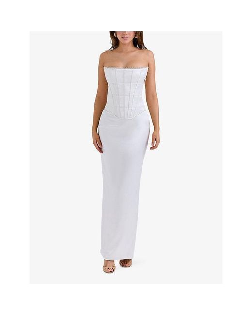 House Of Cb White Isis Corseted Satin Maxi Dress Xs (A-C Cup)