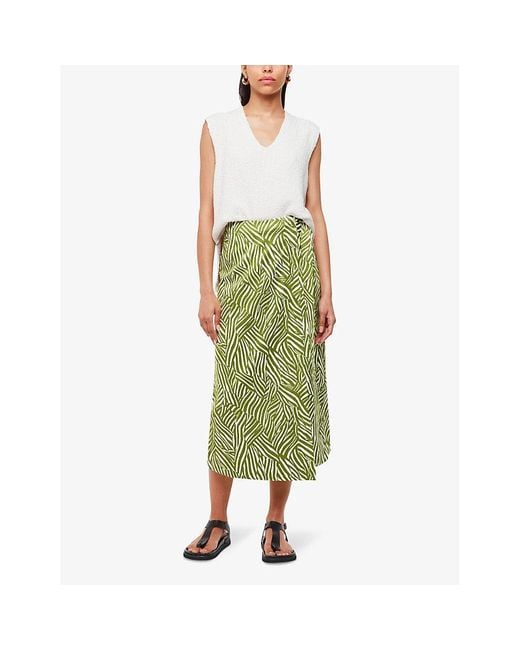 Whistles Green Linear Leaf-Print Wrap-Front Cotton Midi Skirt
