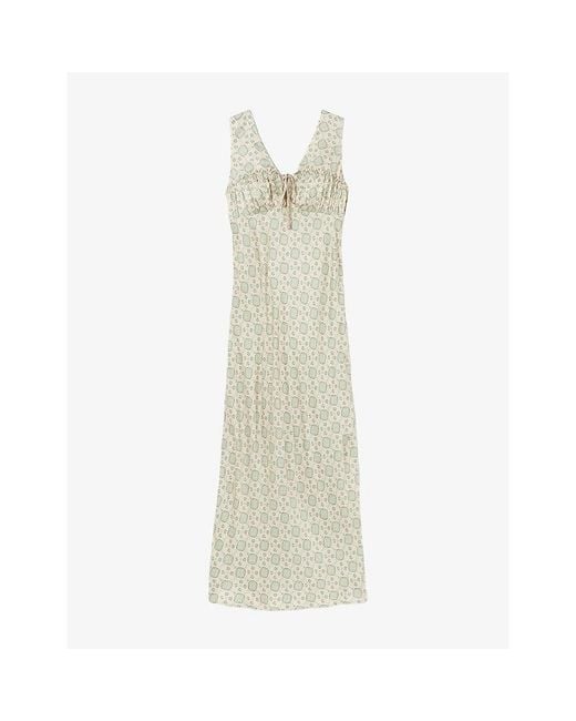 Claudie Pierlot White Tie-Neck Patterned Satin Midi Dress