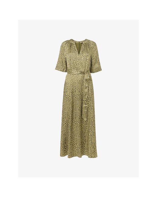 Whistles Green Leopard-Print V-Neck Woven Midi Dress