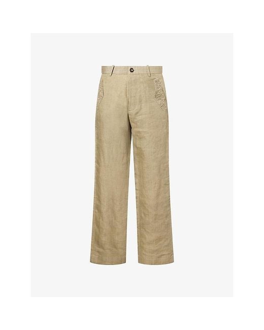 Kartik Research Natural Bead-Embellished Straight-Leg Linen Trousers for men
