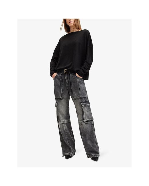 AllSaints Black Rita Oversized-Fit Cotton-Blend Top