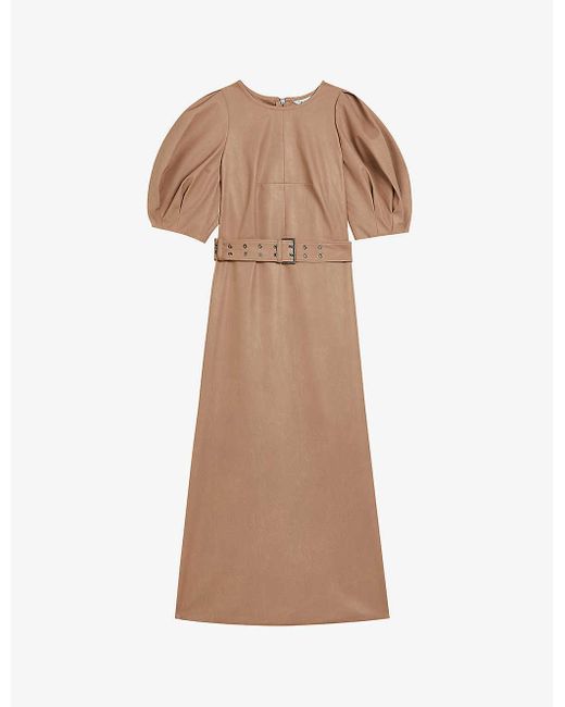 Ted Baker Natural Palowma Puffed-sleeve Faux-leather Midi Dress