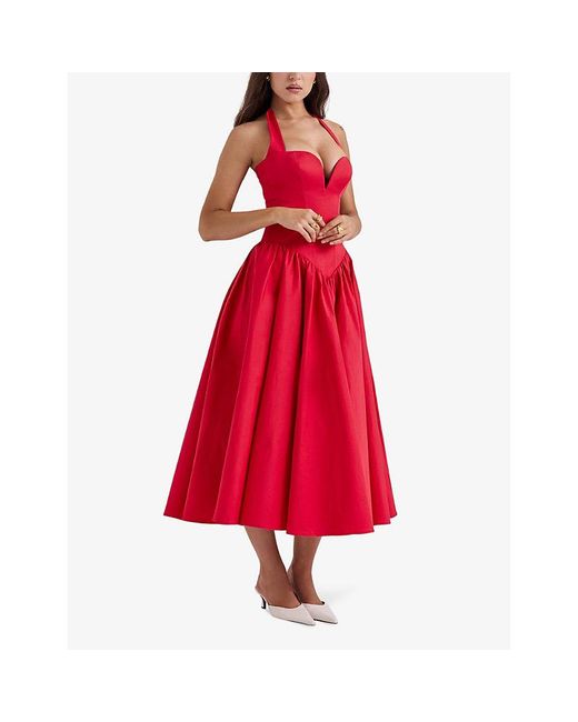 House Of Cb Red Coquette Sweetheart-Neck Stretch-Cotton Midi Dress